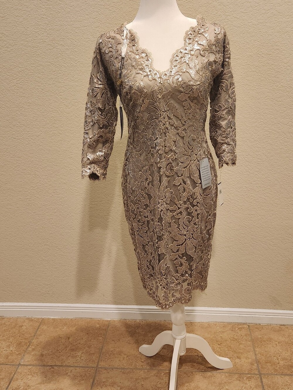Nordstrom Taupe Lace Midi Dress with Scalloped V-Neck